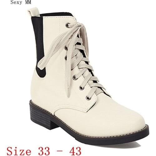 Autumn Women Low Med Heels Mid Calf Boots Booties Motorcycle Shoes Woman Low Heel Short Boots Small Plus Size 33 - 40 41 42 43
