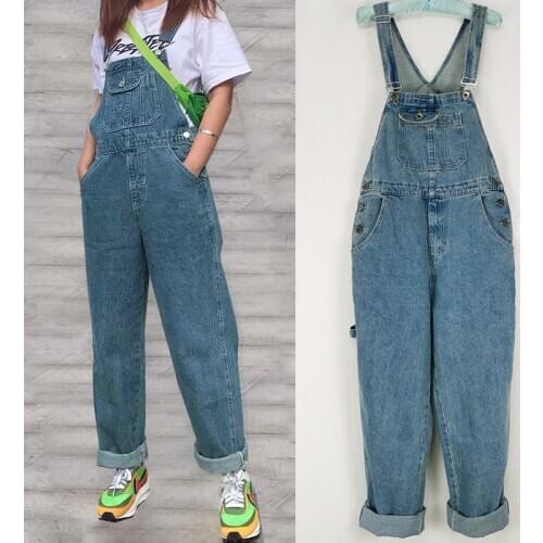 Hot 2020 Womens Denim Bibs Womens Loose Jumpsuit Korean Retro Large Size Jumpsuit Size 30-46