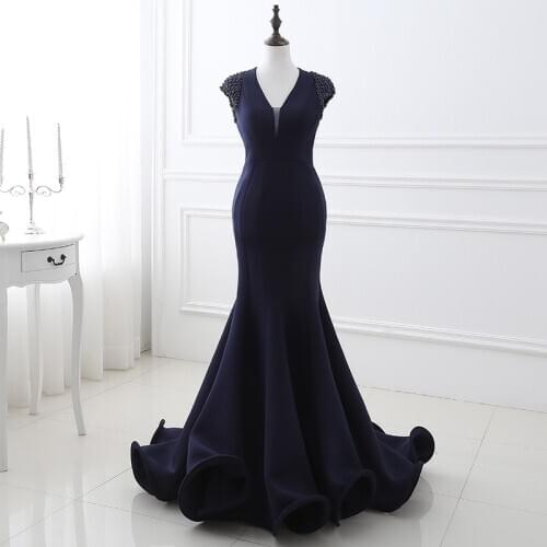 Romanti Prom Dresses for Women Cap Sleeve V Neckline Beaded Backless Blue Party Dresses 2020