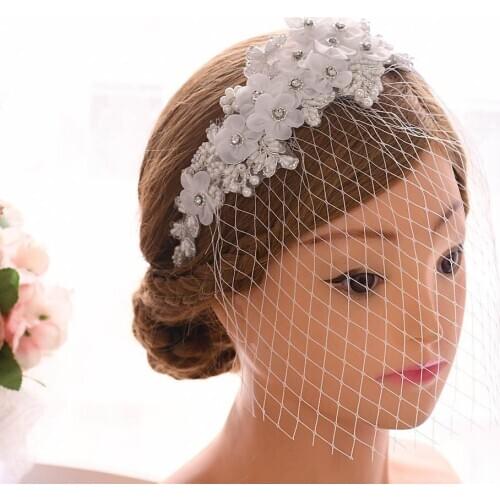 ZMS355-FGWS White Applique Pearl Hairpin Bridal Mesh Veil Hair Ring Wedding Party Girl Accessories Crystal Wedding Headdress