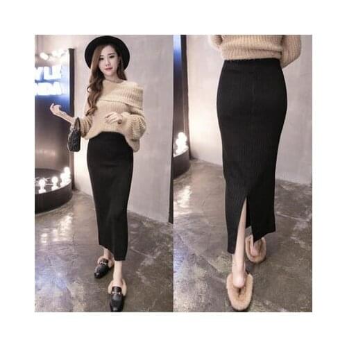 Sexy Pencil Skirt High Waist Autumn Winter Women Elegant Knitted Bodycon Skirt Black Solid Ladies Office Wear Skirts