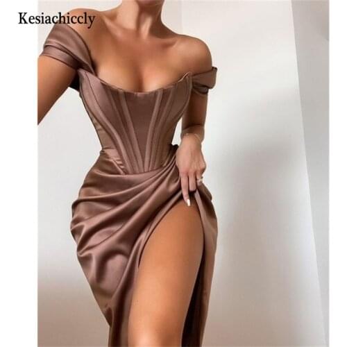 Kesiachiccly Off Shoulder Sexy Split Corset Satin Dress Fashion 2021 Summer Strapless Bodycon Dress Women Party Night Club Dress