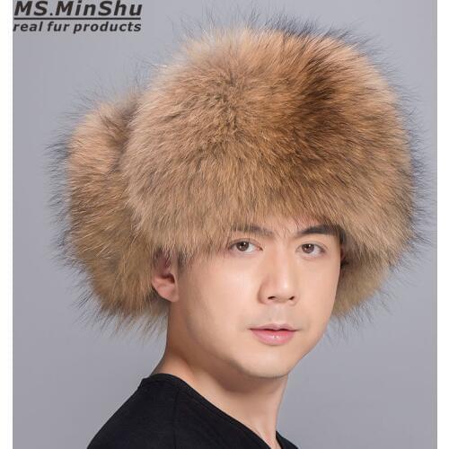 Ms.MinShu Genuine Raccoon Fur Hat with Sheepskin leather Outer shell Real Fur Hat Russian Fur Hat Unisex Fluffy Fur Hat