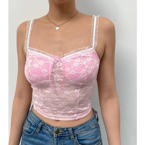 Y2k Corset Top Sweet Lace Lace Bow See-Through Camisole Sexy Crop Ladies Inner Wear