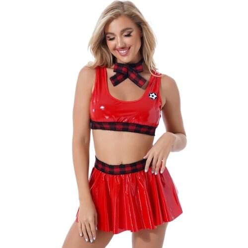 Womens 4Pcs Patent Leather Set Sleeveless Round Neckline Vest Top Elastic Waistband Grid Patchwork Skirt With Briefs And Bow Tie