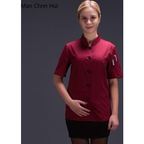 Chef uniform for women summer restaurant cook workwear red shirt Hotel Red chef jaket Catering service chef uniform coat