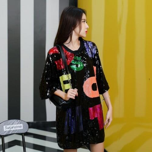 Korean Fashion Brand Oversized Tops Cartoon Sequins Short-Sleeved T-Shirt Summer Womens Loose Long Tees Harajuku Style Clothes