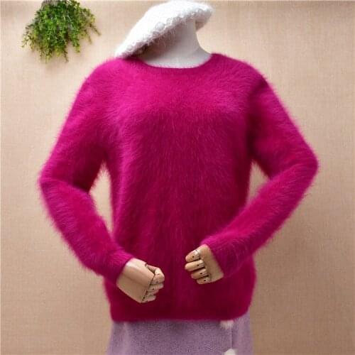 Female women pull rose winter clothing hairy mink cashmere knitted long sleeves loose pullover angora fur jumper sweater tops