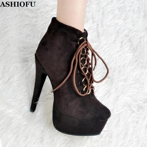 ASHIOFU New Style Womens High Heel Platform Boots Cross Shoelace Party Prom Ankle Boots Real Photos Evening Club Fashion Boots