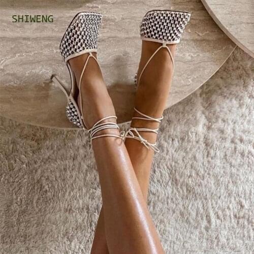 2021 New Mesh Grid Pumps Sexy Crystal Shoes Sandals For Women High Heels Tied Square Toe Pumps Autumn