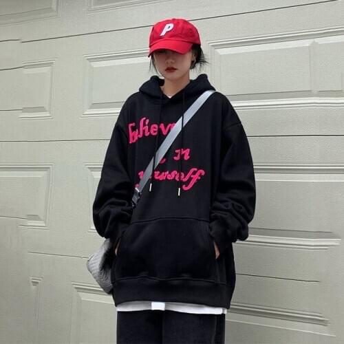 Women Hoodies Black Hoodie Oversized Letter Print Loose Hooded Sweatshirt Plus Size Tops Pullover Streetwear Spring Autumn 2021