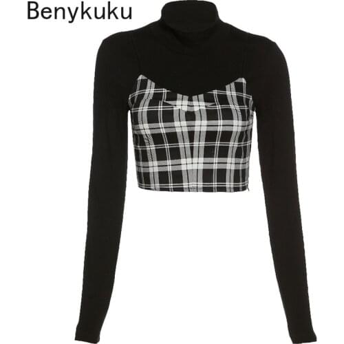 Gothic Bodycon Two Pieces Set Skinny Black Turtleneck Long Sleeve Women Crop Top T-shirts With Vintage Plaid Camisole Streetwear