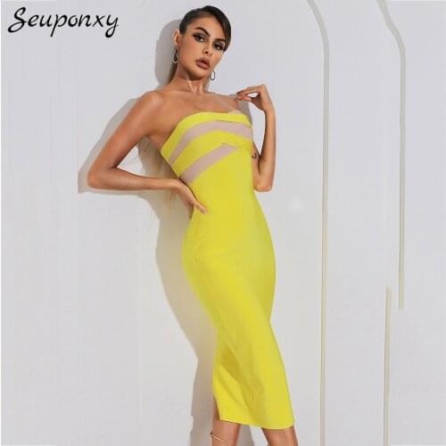 High Quality 2021 Summer Sexy Strapless Backless Bandage Dress Elegant Womens Yellow Bodycon Celebrity Party Dress Vestidos