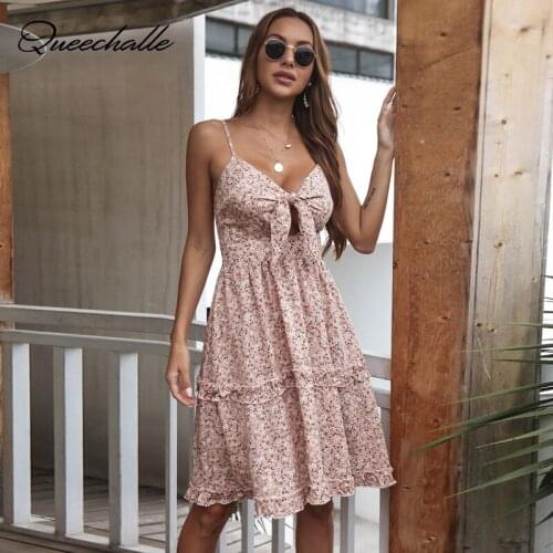 Floral Print Summer Dress Women Sleeveless Bow Ties V neck Casual A-line Boho Beach Sundress Female Elegant Midi Party Vestidos