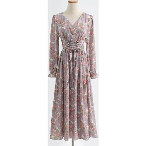 Floral Print Autumn Dresses Party Club High Waist Chiffon Long Dress Elegant V Neck Women Midi Dress Long Sleeve Vestidos