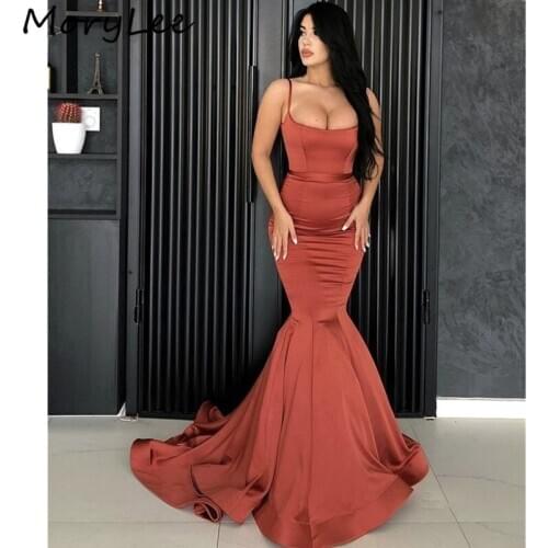 Mermaid Evening Dresses Spaghetti Zipper Back Floor Length Sweep Train Silk Satin Evening Dresses vestidos de fiesta de noche