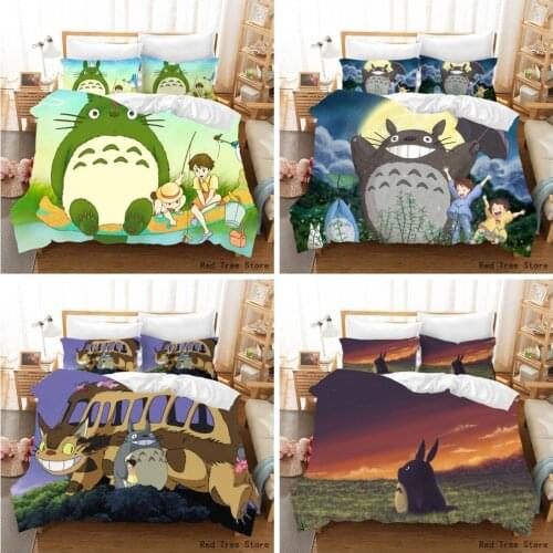 Anime Totoro Bedding Set 3D Print Bed Line Duvet Cover Single Double Size Kids Japan Cartoon Bedclothes with Pillowcase 2/3pcs