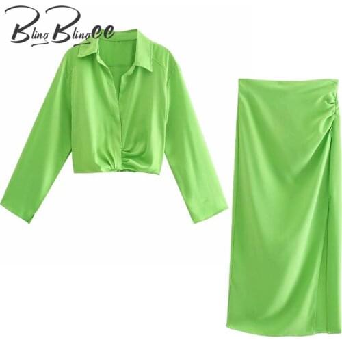 BlingBlingee 2021 Za Summer Female Suits Fruit Green Casual 2 Piece Sets Slim Cropped Shirt + Midi Pencil Skirt Woman Blouses