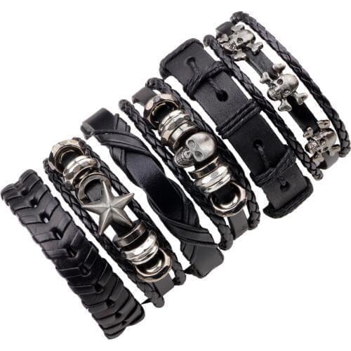 6pcs/set Boho Gypsy Hippie Punk Black Leather Cord Wrap Knots Star Skull Rivets Charm Layers Bracelets Bangle Set for Man