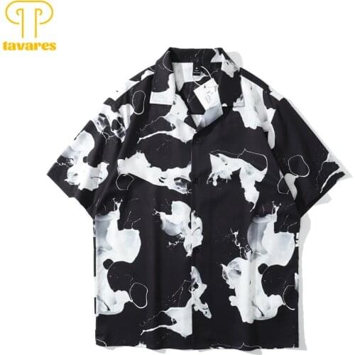 TAVARES Casual Shirts Men Summer Short Sleeve Shirt Black White Tie Dye Gothic Women Hawaii Beach Blouses Oversize Cardigans