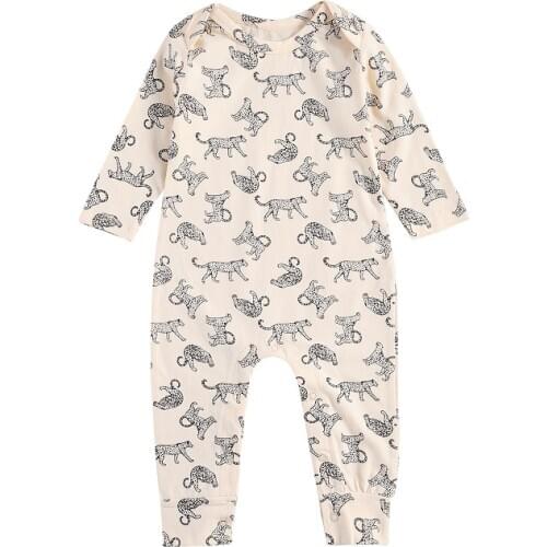 Toddler Baby Boys Girls Round Collar Romper Suit Baby Long Sleeve One Piece Playsuits Leopard Printing Jumpsuits