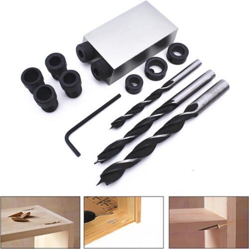 Oblique Hole Locator Pocket Hole Jig Kit 15 Degree Angle 6/8/10mm Drill Bits Aluminum Alloy Punch Woodworking Hand Tools