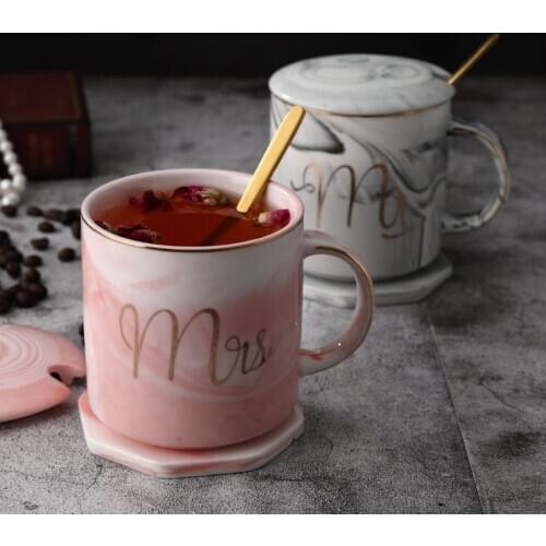 Marbled Ceramic Water Cup Mug Ins Nordic Coffee Cup Couple Cup with Lid Spoon Milk Cup Breakfast Cup