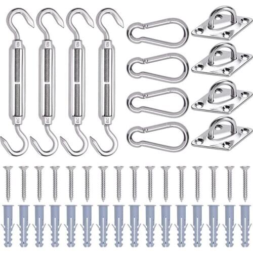 4 pcs Sun Shade Sail Canopy Fixing Accessories Stainless Steel Hardware Kit Turnbuckle Pad Eye Carabiner Clip Hook Screws Silver