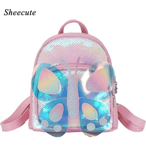 2-5 Years Old Childrens Sequin Backpack for Girls Kindergarten School Bags Cute Butterfly Leather Kids Bags Girls Backpack
