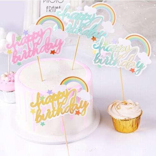 Rainbow Happy Birthday Cake Topper Blue Pink Birthday Cupcake Topper Supplies for Kids Birthday Party Cake Decorations 2020 New