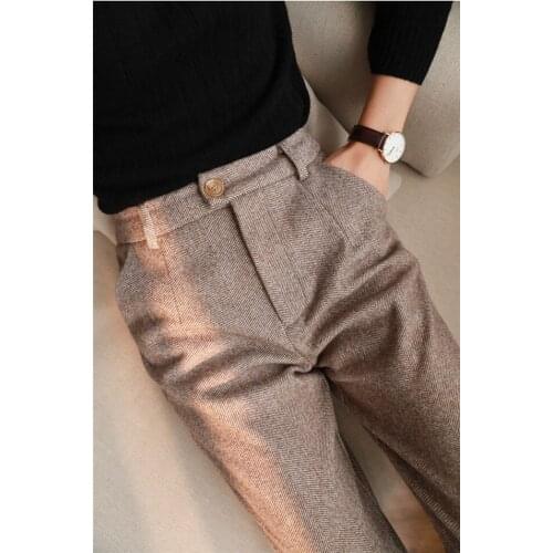 Herringbone Woolen Pants Womens Harem Pencil Pants 2020 Autumn Winter High Waisted Casual Suit Pants Office Lady Women Trousers