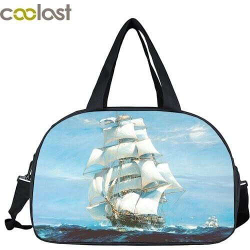 Boat On The Sea Men Travel Bags Sailboat Retro Handbags Shoes Holder Lager Capacity Multifunctional Duffle Bag