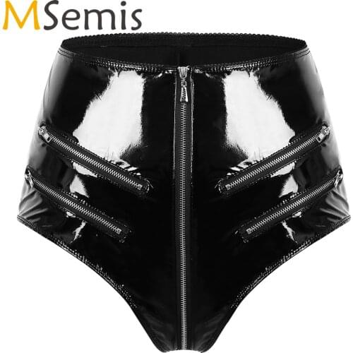 Womens Wetlook Leather High Waist Booty Shorts Sexy Zip Up Crotch Hot Mini Latex Shorts Party Pole Dance Rave Bottoms Club Wear