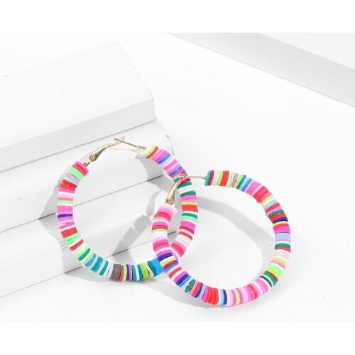 2020 New Multicolor Polymer Clay Beaded Hoop Earrings for Women Boho Geometric Big Round Circle Earrings Party Jewelry Gift