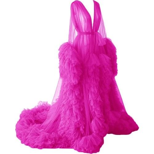 Chic Ruffle Evening Dresses Womens Photo Shoot Sexy Illusion Long Lingerie Tulle Robe Nightgown Bathrobe Sleepwear