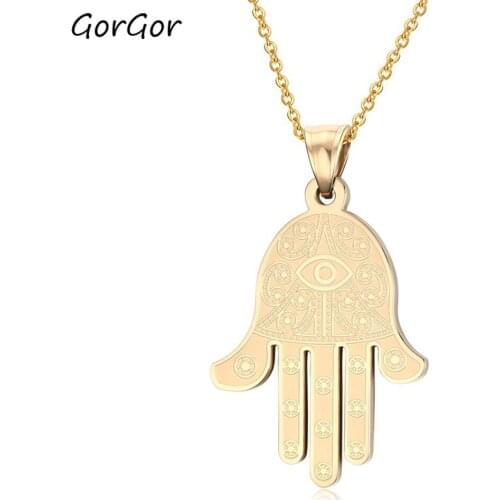 GorGor New Arrivals Gold Color Titanium Steel Hands of Fatima Hamsa Pendant Necklace for Fashion Men Women Jewelry Gift PN-427