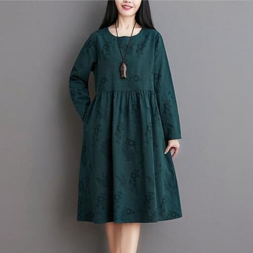2021 New Arrival Fashion Autumn Dress Linen Cotton Office Lady Workl Dress Jacquard embroidery Vintage Women Spring Midi Dress