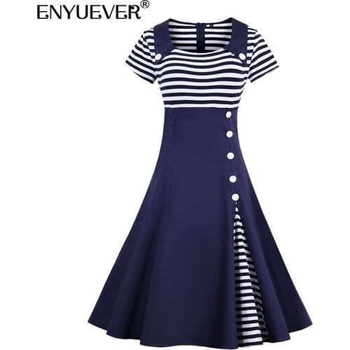 Enyuever Elegant Women Summer Dresses Casual Clothes Black Navy Blue Striped Patchwork Robe Pin Up Swing Retro Vintage Dress