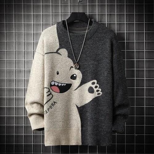 Winter Men O-Neck Oversized Sweater 2021 Hip Hop Harajuku Streetwear Bear Print Loose Warm Patchwork Pullover Knitwear Sweater