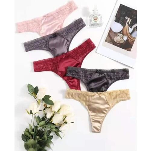 5Pack Contrast Satin Lace Thong Set Near Me Lingerie Womens Mixed Panty