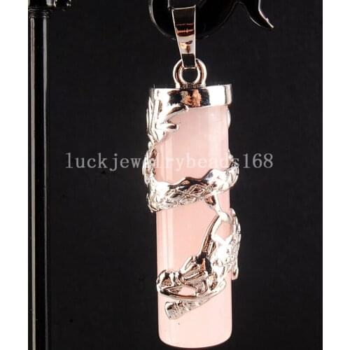 Free Shipping Women Fashion Jewelry 12x41mm Beautiful Pink Crystal Dragon Cylinder Pendant Bead C3862