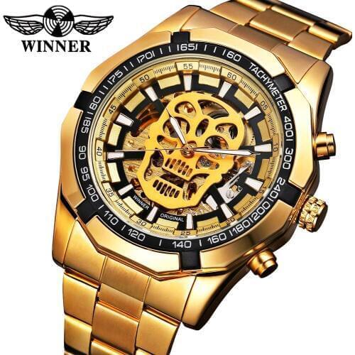 WINNER New Fashion Mechanical Watches Men Skull Dial Top Brand Luxury Golden Stainless Steel Strap Skeleton Man Auto Wrist Watch