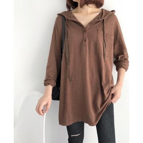 Oversized Tops Tees Harajuku Summer Top Cotton Solid Women T-Shirts Hooded Loose Long Vintage Casual All Match Female Pulls