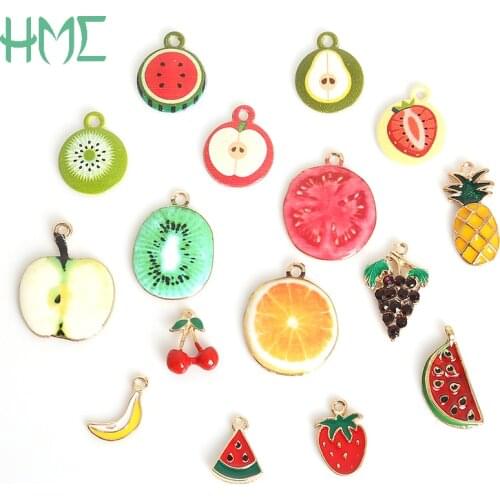 HOT Sale Fruit Pendant Aperture 1.5/2mm Plated Gold Drop Oil Alloy Watermelon Kiwi Apple Strawberry Pear Pattern
