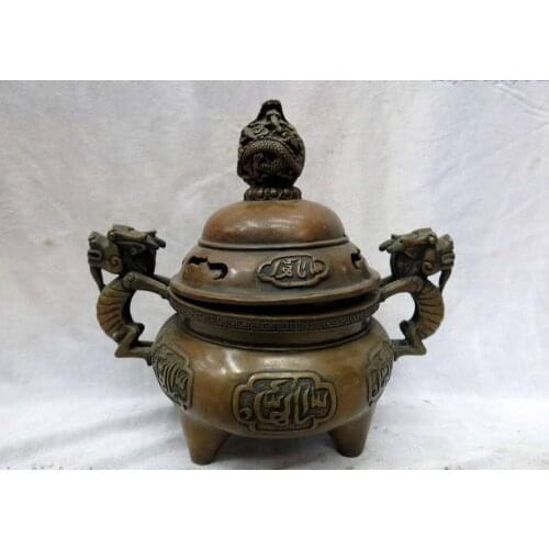 8" China brass copper cloud pattern Foo Dogs Lion Dragon censer Incense Burner