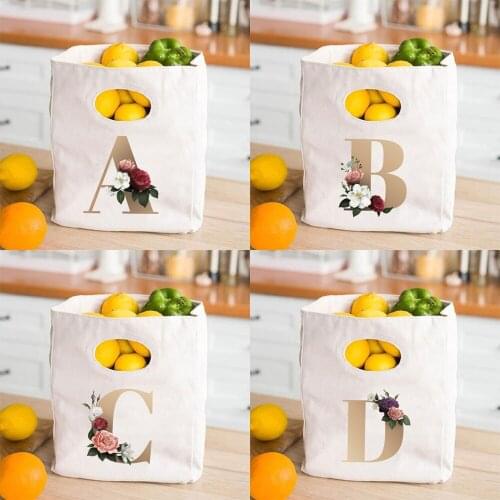 Rose Flower Gold Letters Printing Reusable Lunch Bags Eco Casual Travel Picnic Pouch Harajuku Fashion School Food Storage Bags