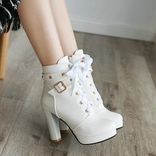 Fashion Platform Zipper Martin Boots Women Lace Up Square High Heel Short Boots Ladies Round Toe Autumn Winter Shoes Woman