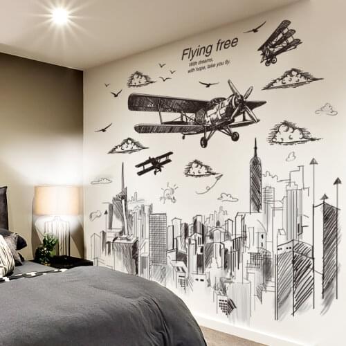 [shijuekongjian] Airplane Wall Stickers DIY Building Mutral Decals for Living Room Kids Bedroom House Decoration Accessories