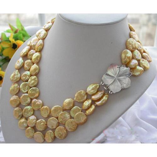 New Arriver Real Pearl Jewellery,AAA 10mm 3 Rows Golden Coin Freshwater Cultured Pearls Necklace,Free Shipping