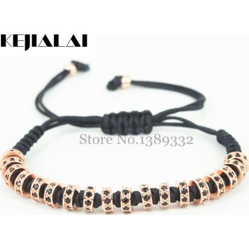 New Anil Arjandas Macrame Bracelets,Rose Gold Micro Pave Black CZ Stoppers Beads Briading Macrame Bracelet For Men Jewelry,Gift